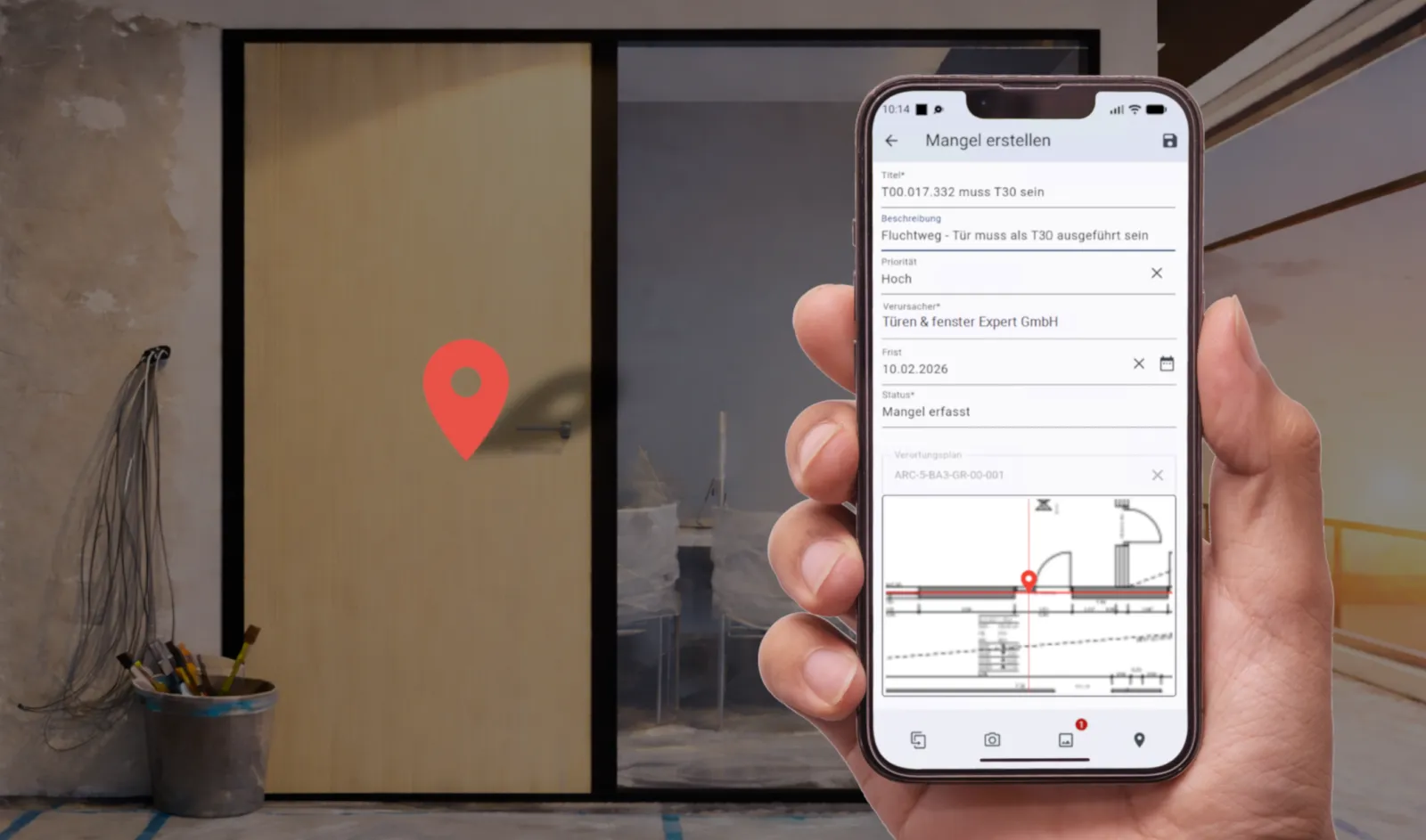winplan App auf dem Smartphone auf der Baustelle: Mangel erfassen mit Titel, Verursacher, Frist und Verortung im Plan