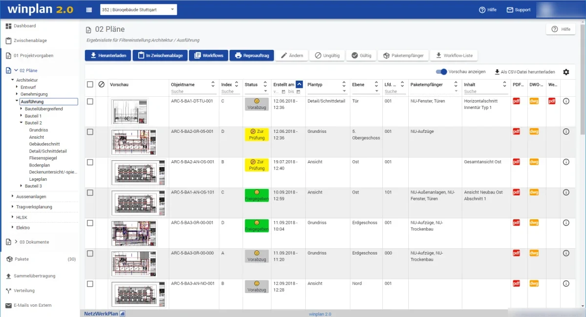 winplan 2.0 Planliste mit Planbaum, Freigabestatus und Download von PDF und DWG