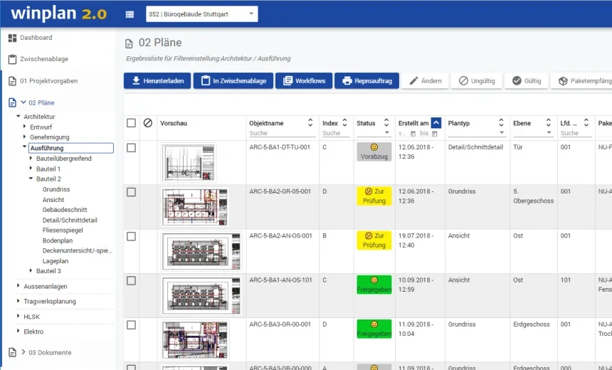 winplan 2.0 Planliste mit Planbaum, Vorschau, Index und Freigabestatus